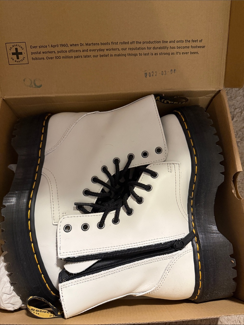 Dr. Martens White Leather Platform Combat Boots with Black Laces